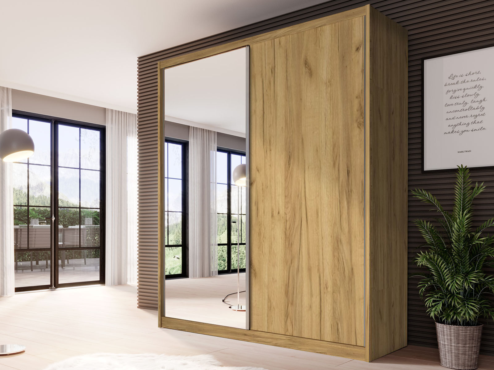 Armoire MACRO 2 portes coulissantes 180 cm chêne doré avec miroir