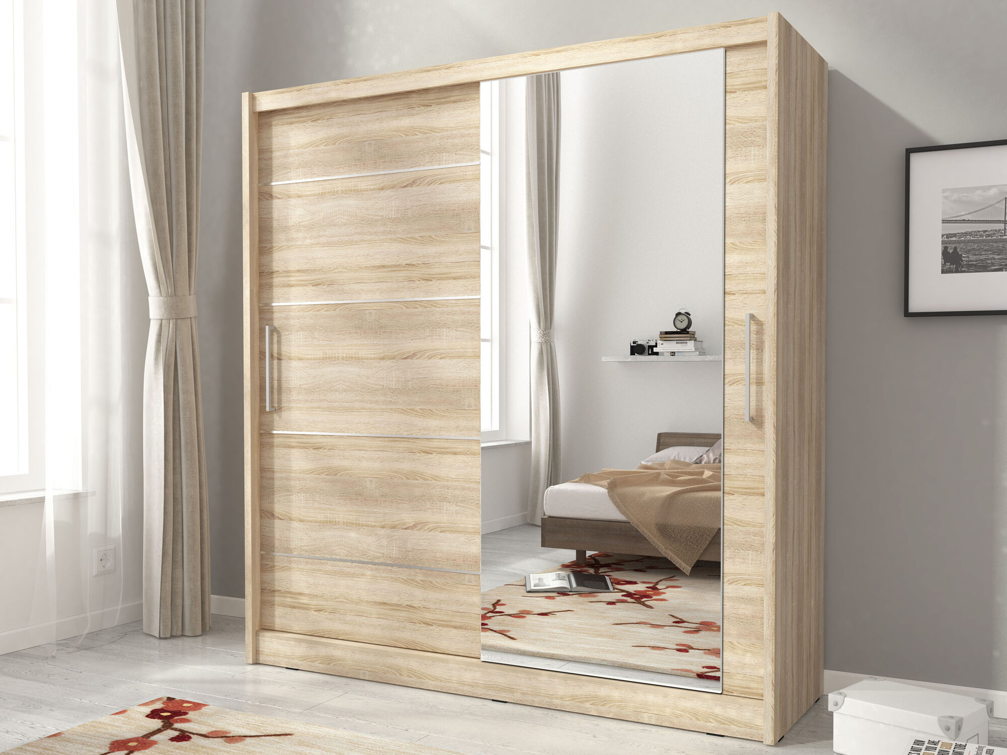 Armoire MADJER 2 portes coulissantes 180 cm chêne sonoma avec miroir