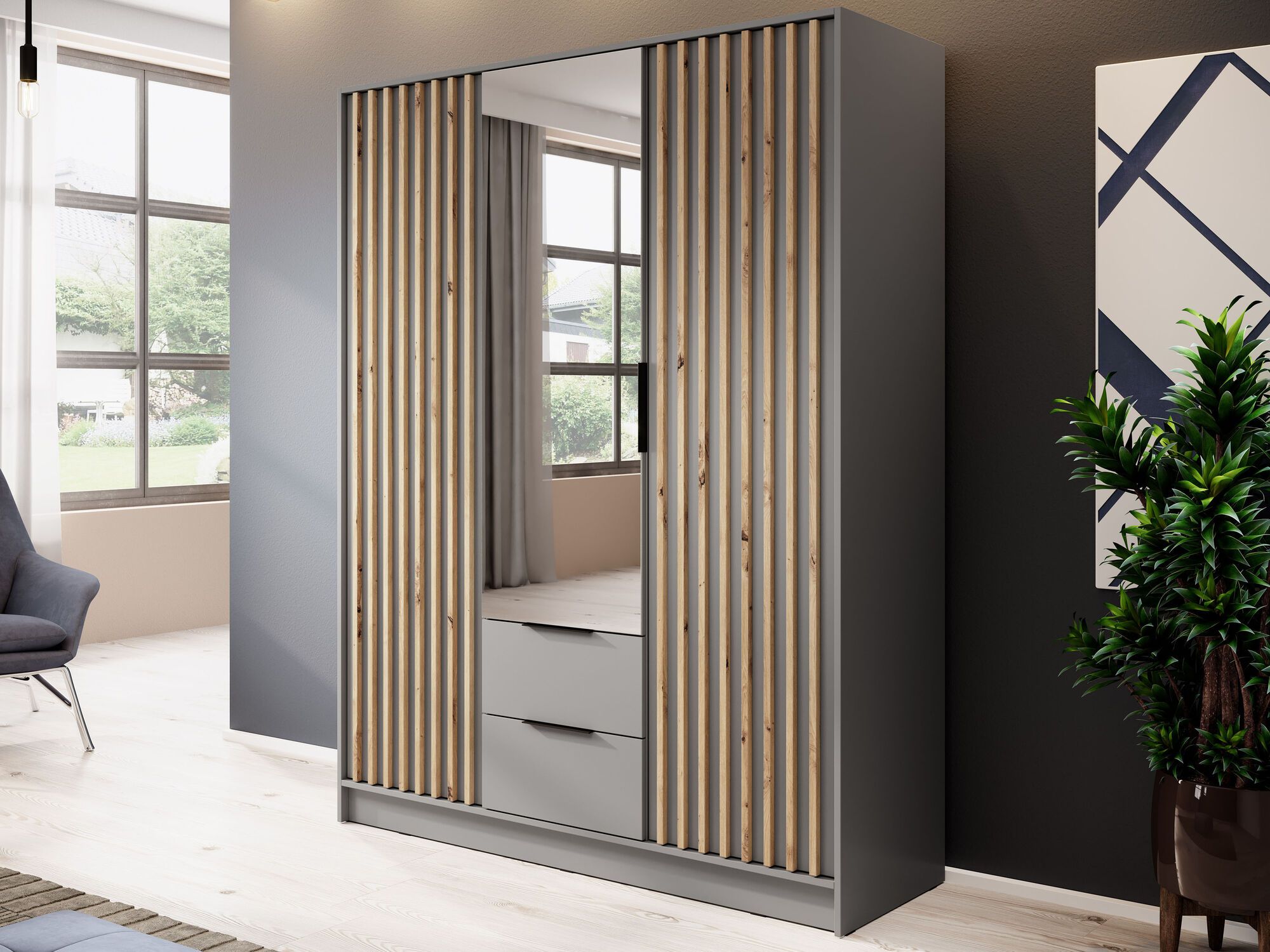 Armoire MELINDA 3 portes 2 tiroirs gris avec miroir