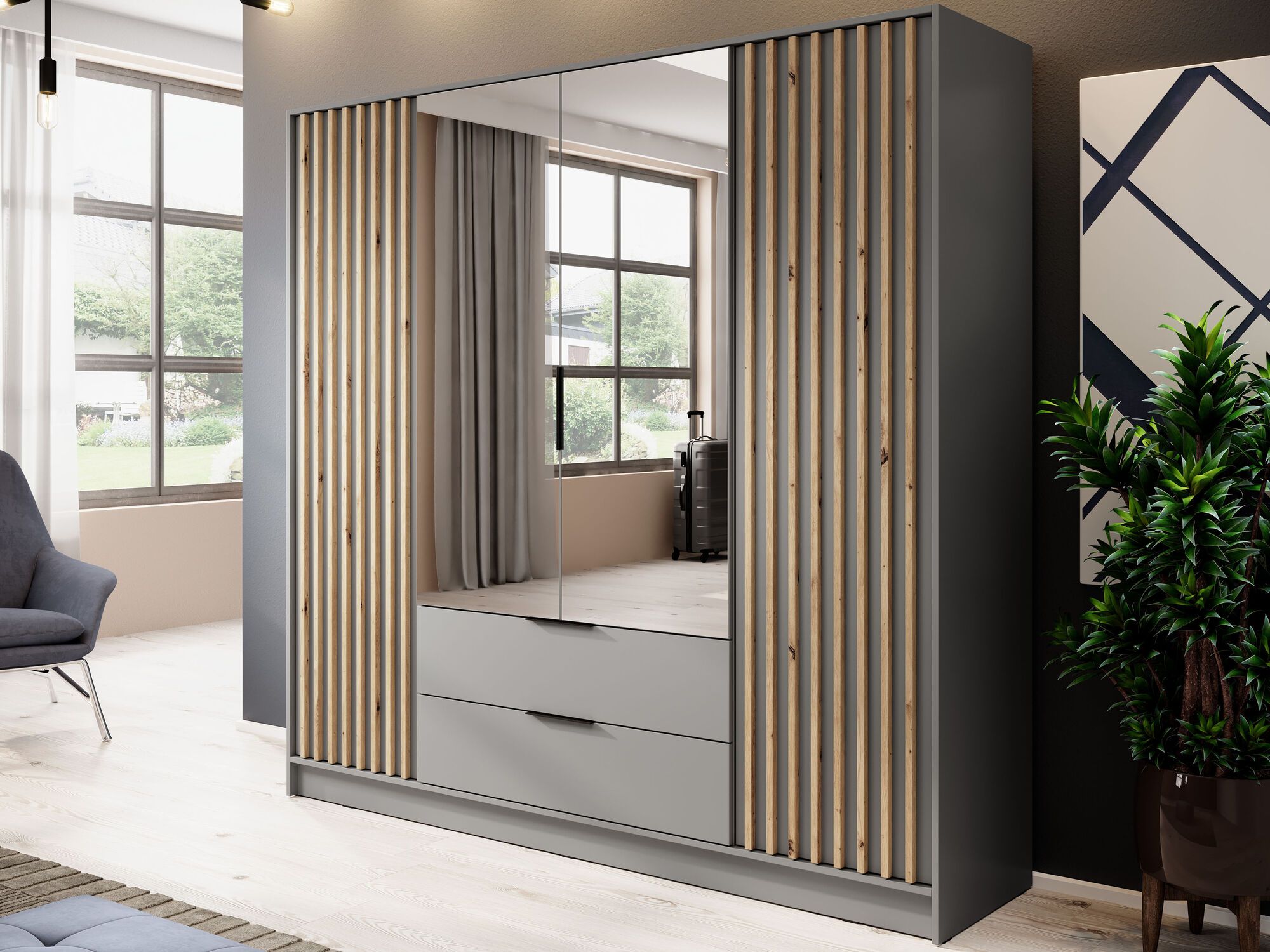 Armoire MELINDA 4 portes 2 tiroirs gris avec miroirs