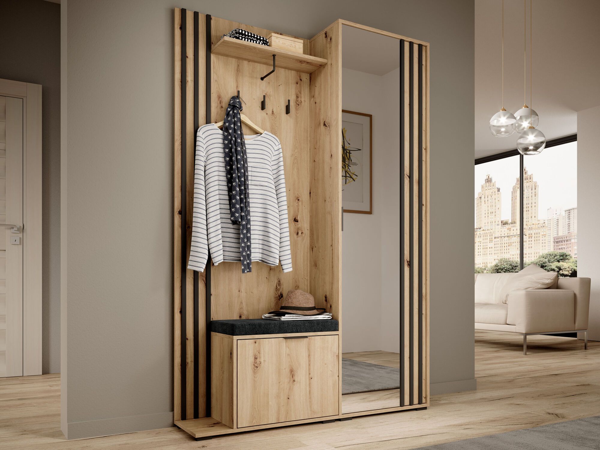Vestiaire MELODY 2 portes chêne artisan avec coussin