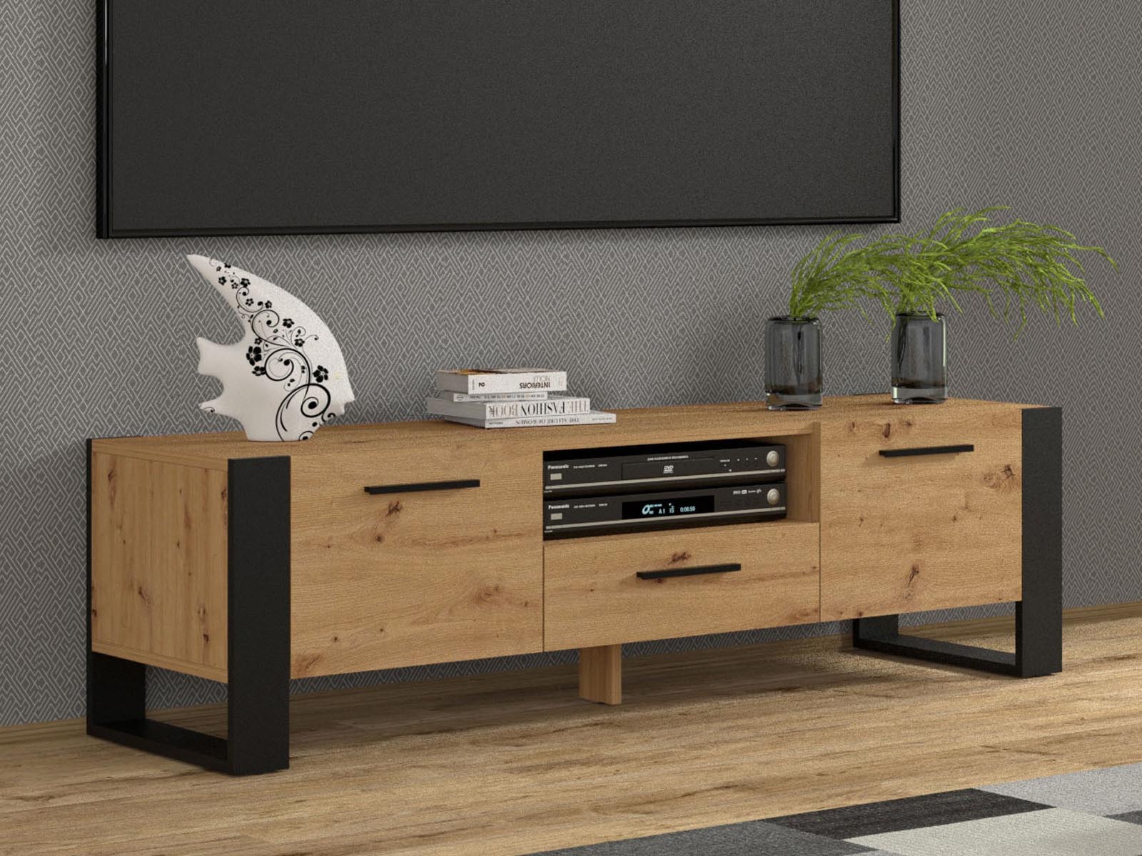 Meuble tv-hifi NAKUMI 3 portes 160 cm chêne artisan