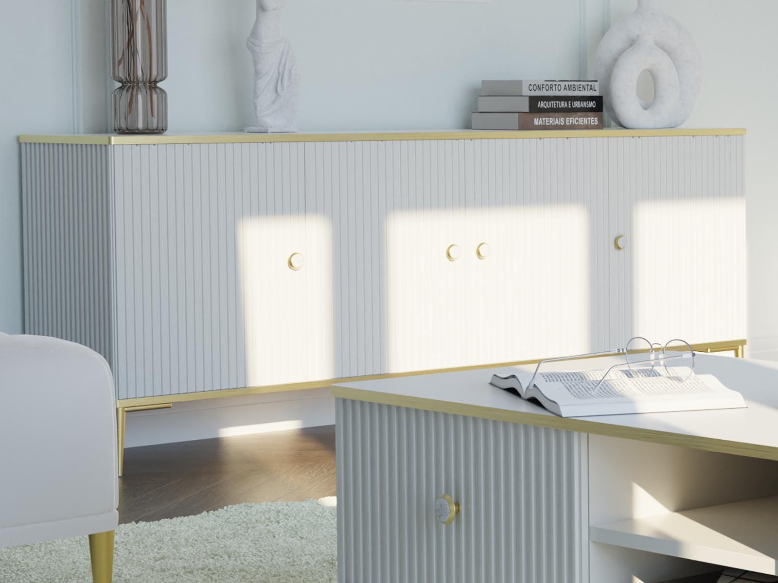 Buffet/bahut PEGASUS 4 portes blanc/or