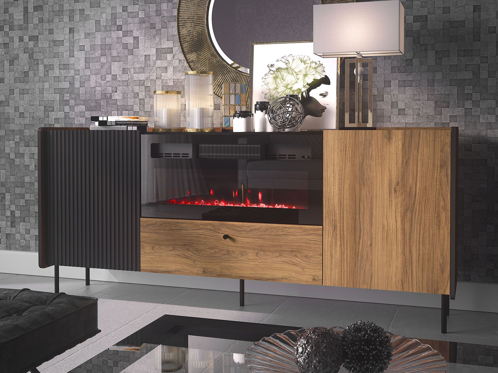 Buffet/bahut PERDITA 2 portes 1 tiroir noyer/noir