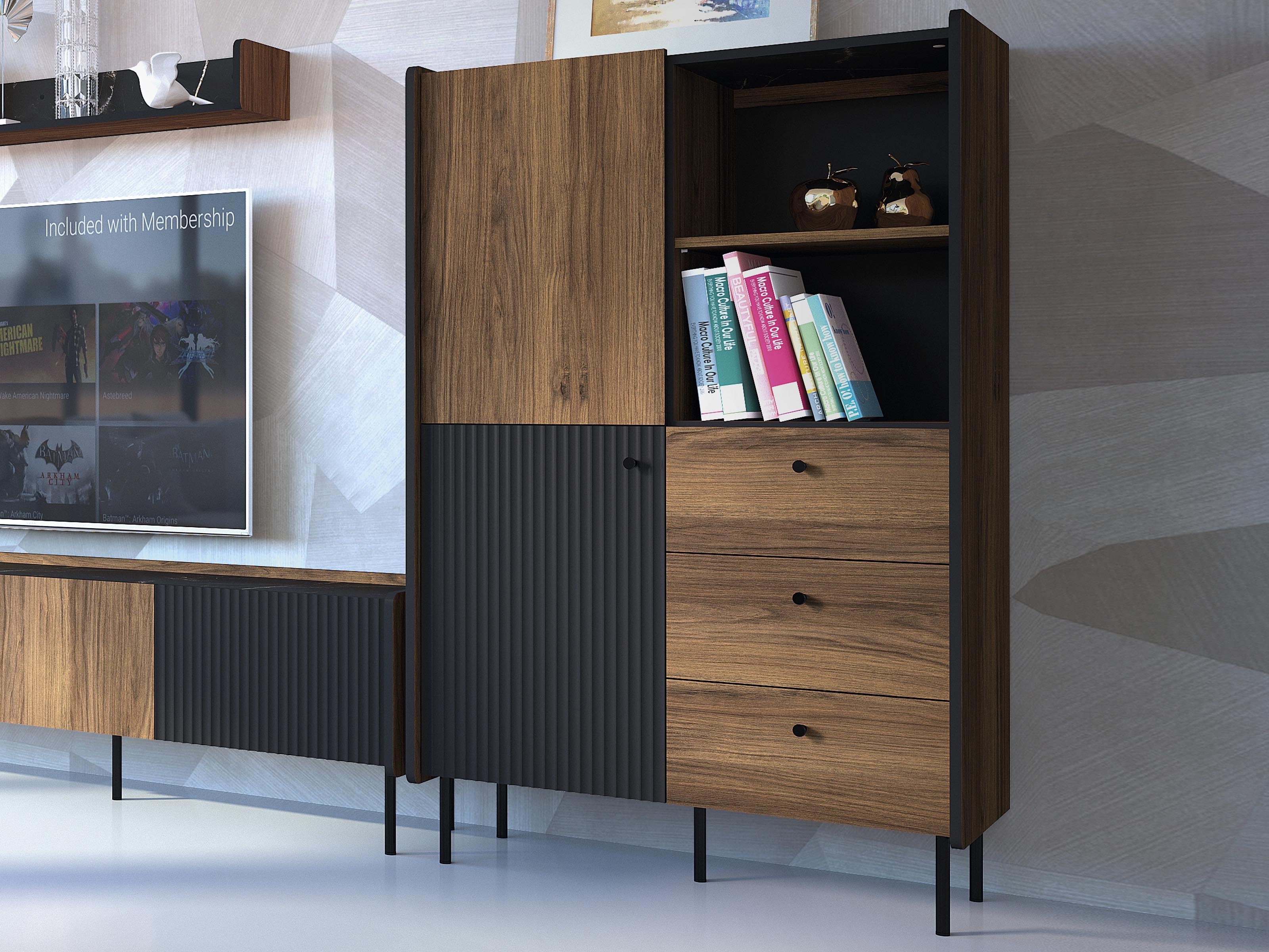 Armoire PRESTIGIA 2 portes 3 tiroirs noir/noix warmia