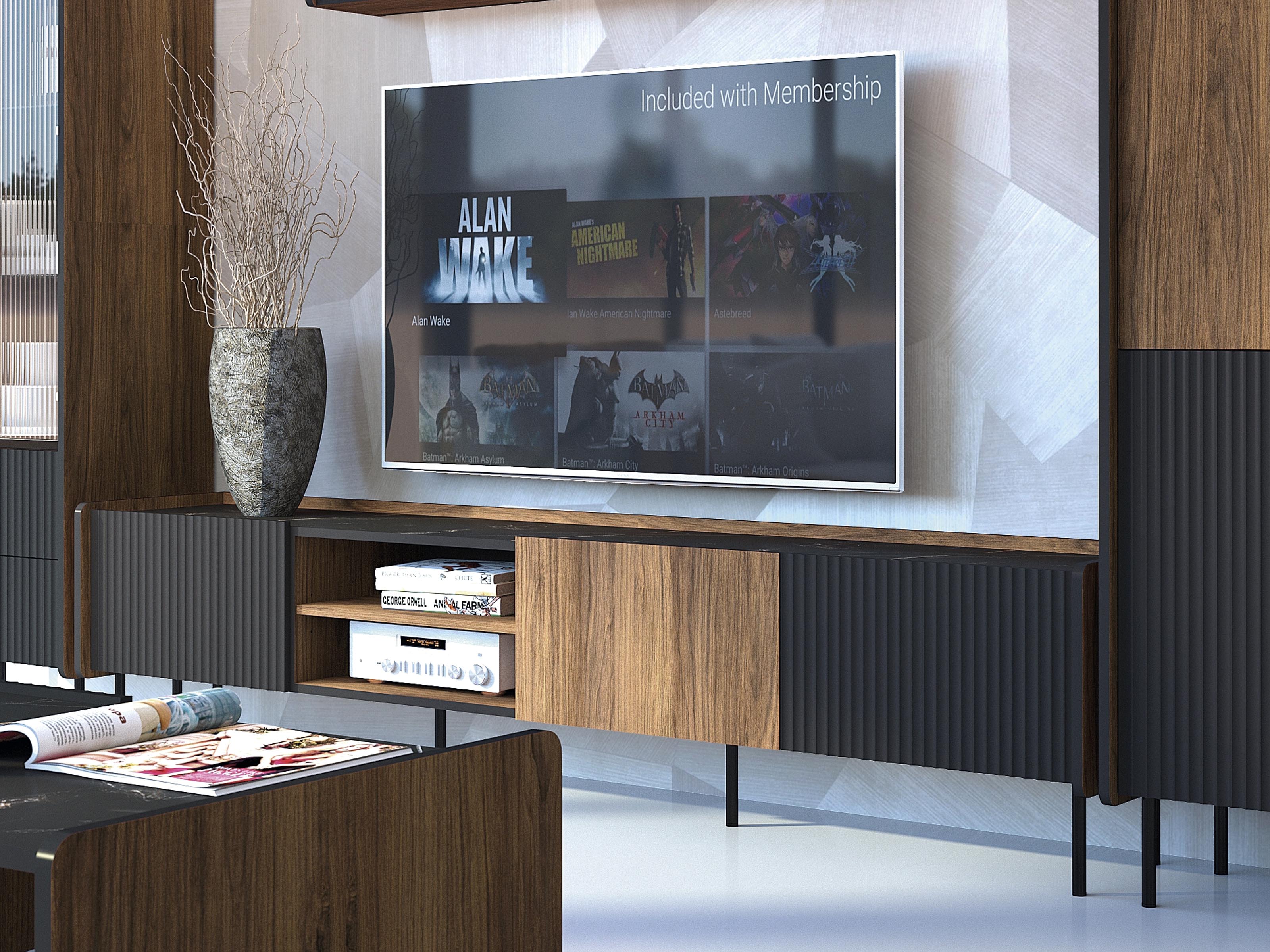 Meuble tv-hifi PRESTIGIA 3 portes noir/noix warmia