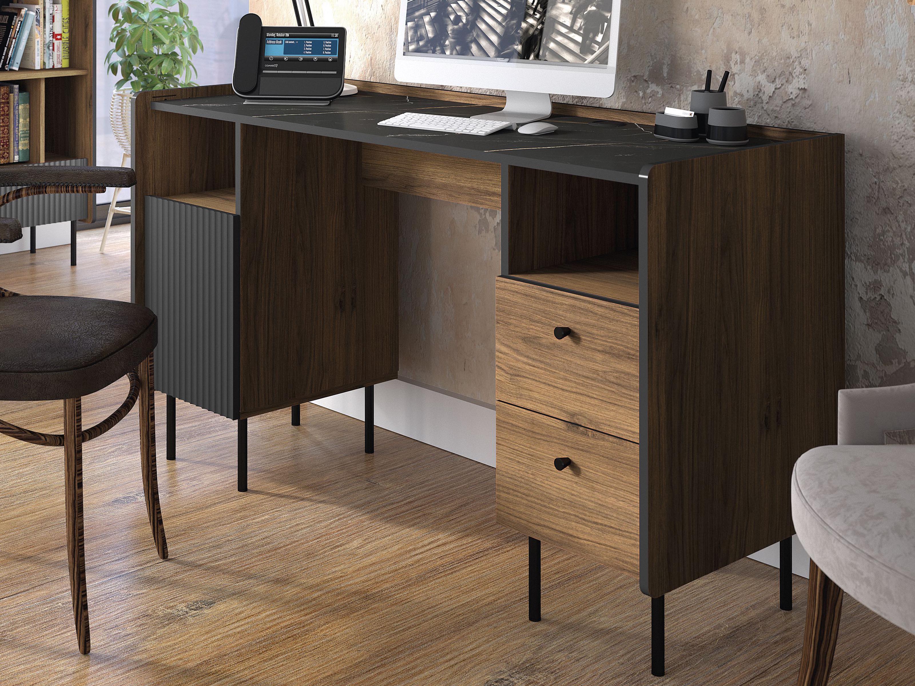 Bureau PRESTIGIA 1 porte 2 tiroirs noir/noix warmia