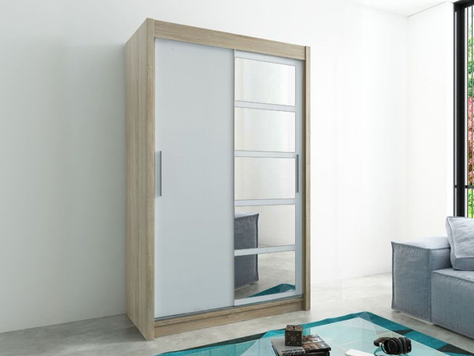 Armoire ROMANE 2 portes coulissantes 150 cm sonoma/blanc