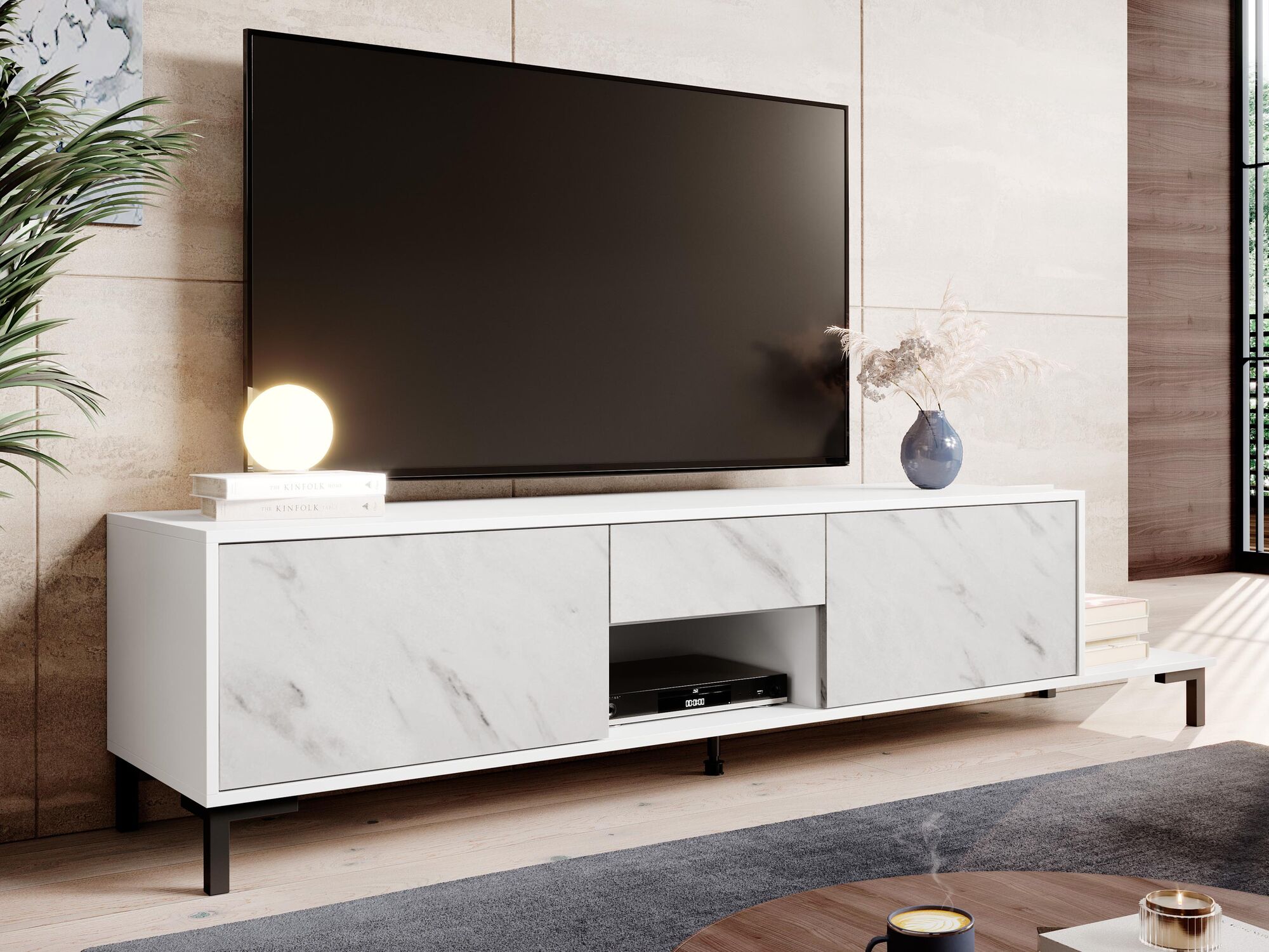 Meuble tv-hifi MALMOSO 2 portes 1 tiroir 195 cm blanc/marbre blanc