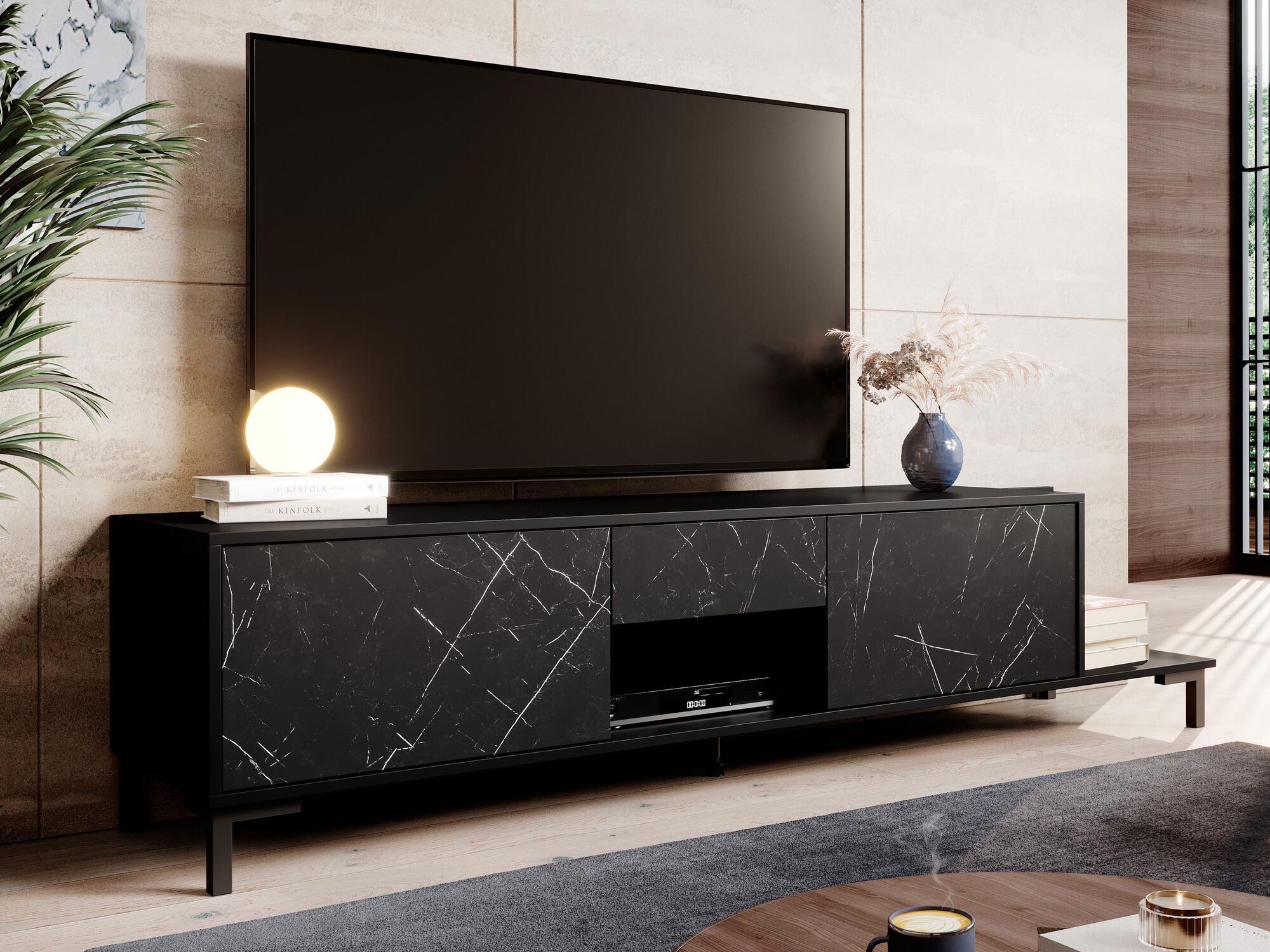 Meuble tv-hifi MALMOSO 2 portes 1 tiroir 195 cm noir/marbre noir