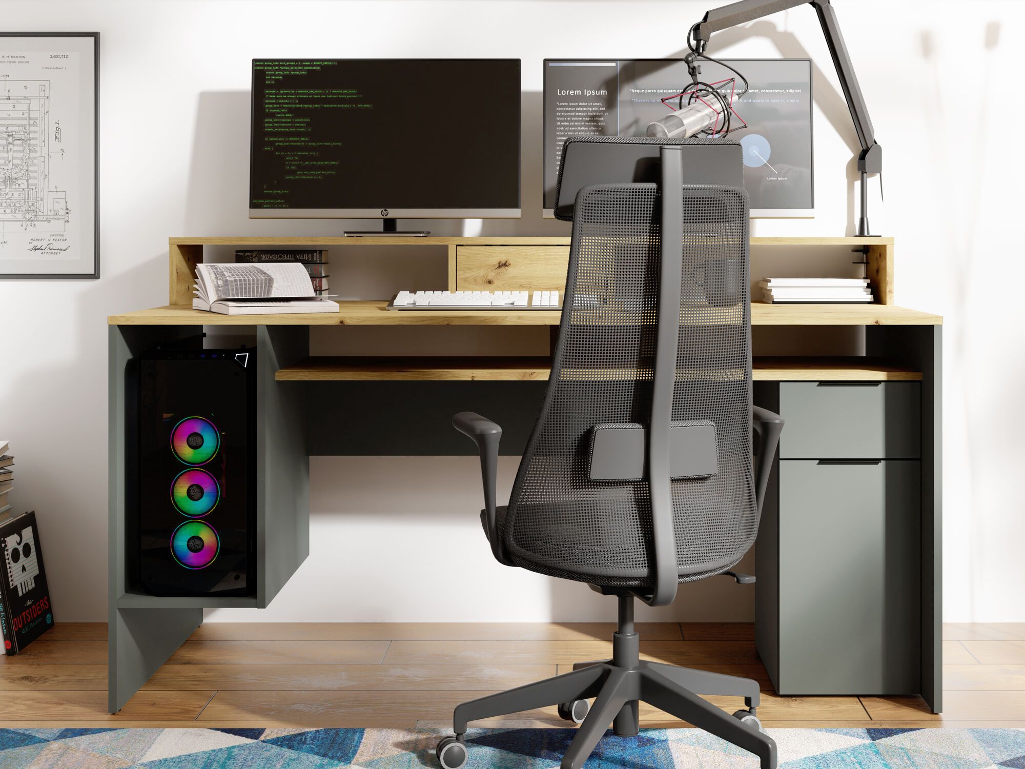 Bureau REXTREME 1 porte 2 tiroirs anthracite/chêne artisan