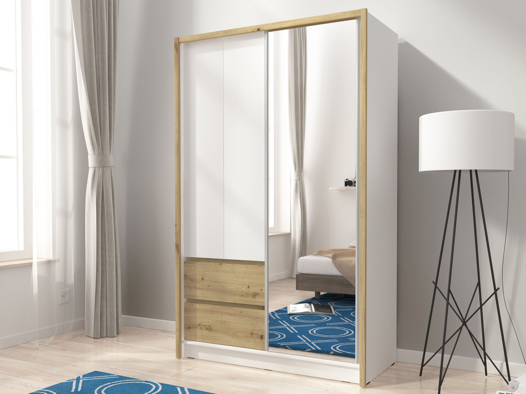 Armoire SARATOS 3 portes 2 tiroirs 130 cm blanc/chêne artisan