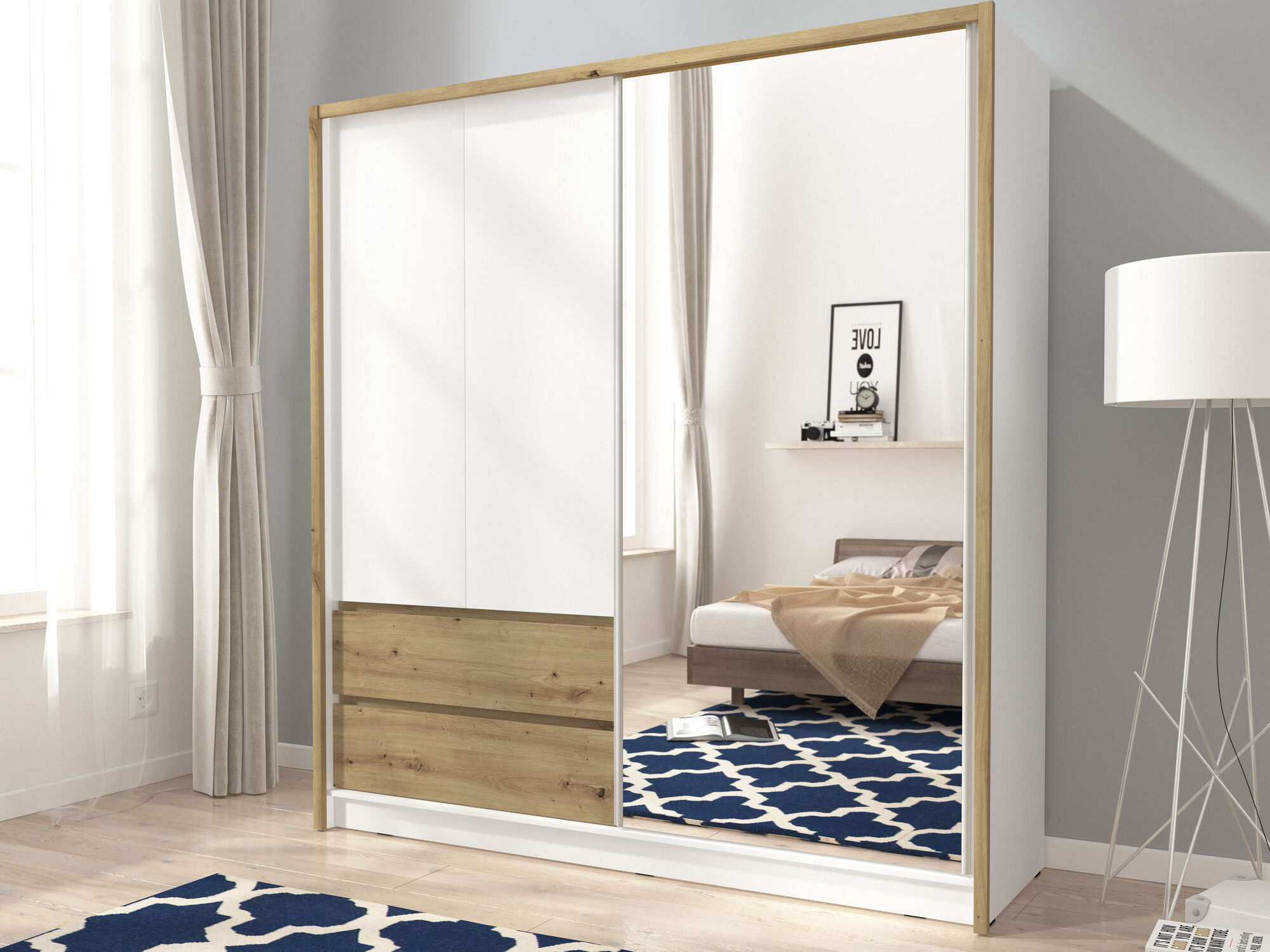 Armoire SARATOS 3 portes 2 tiroirs 200 cm blanc/sonoma