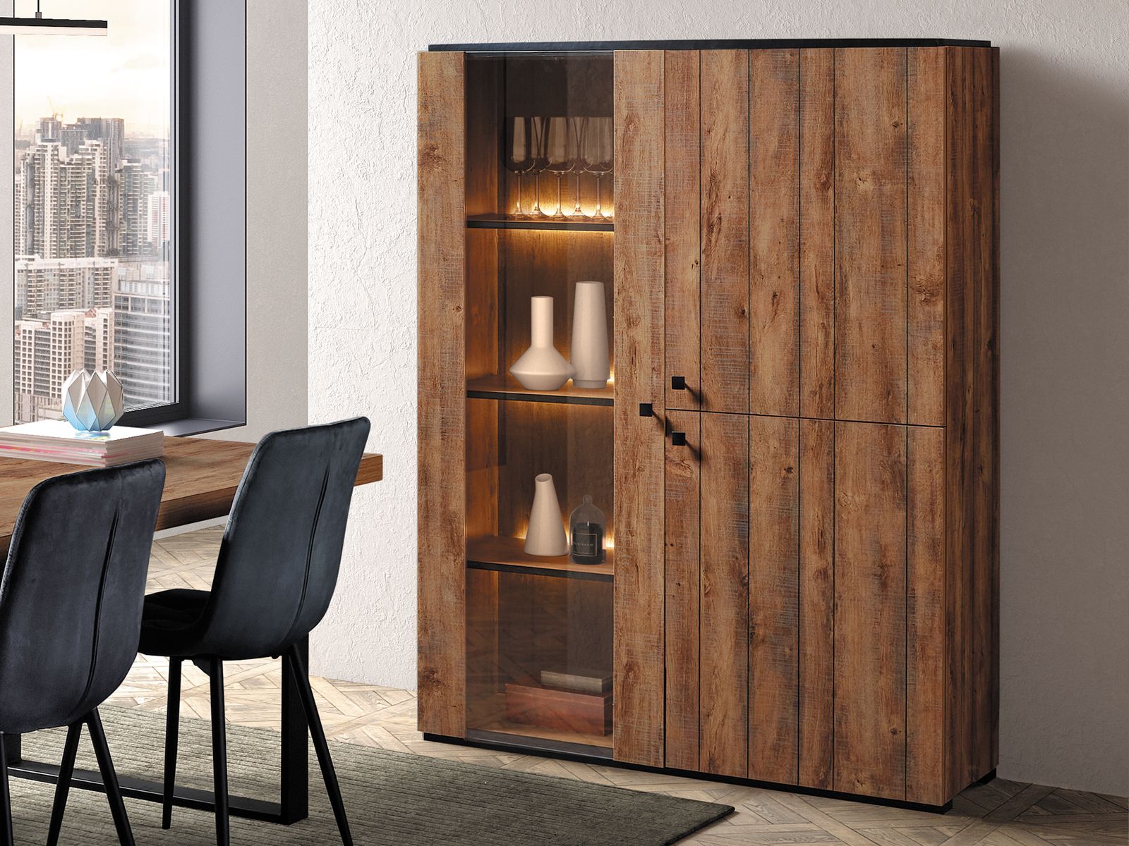 Vitrine SHAKA 3 portes chêne denver avec led