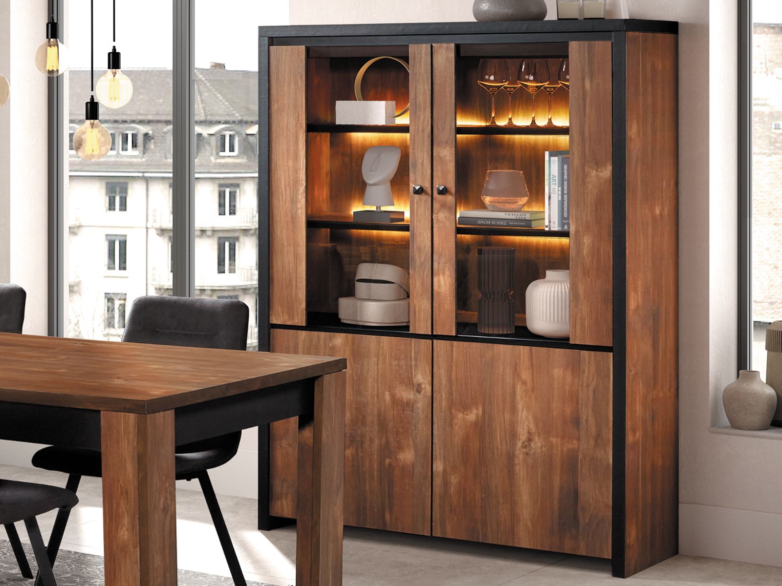 Vitrine SYLVIE 4 portes mangolia avec led