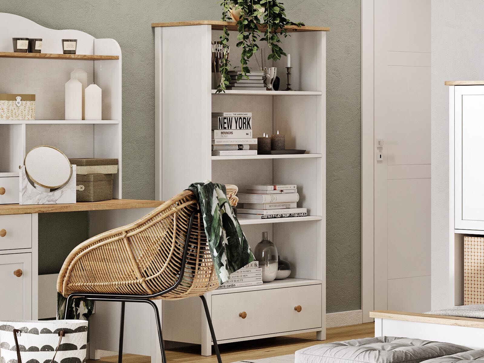 Bibliothèque SHELLY 1 tiroir blanc/chêne nash