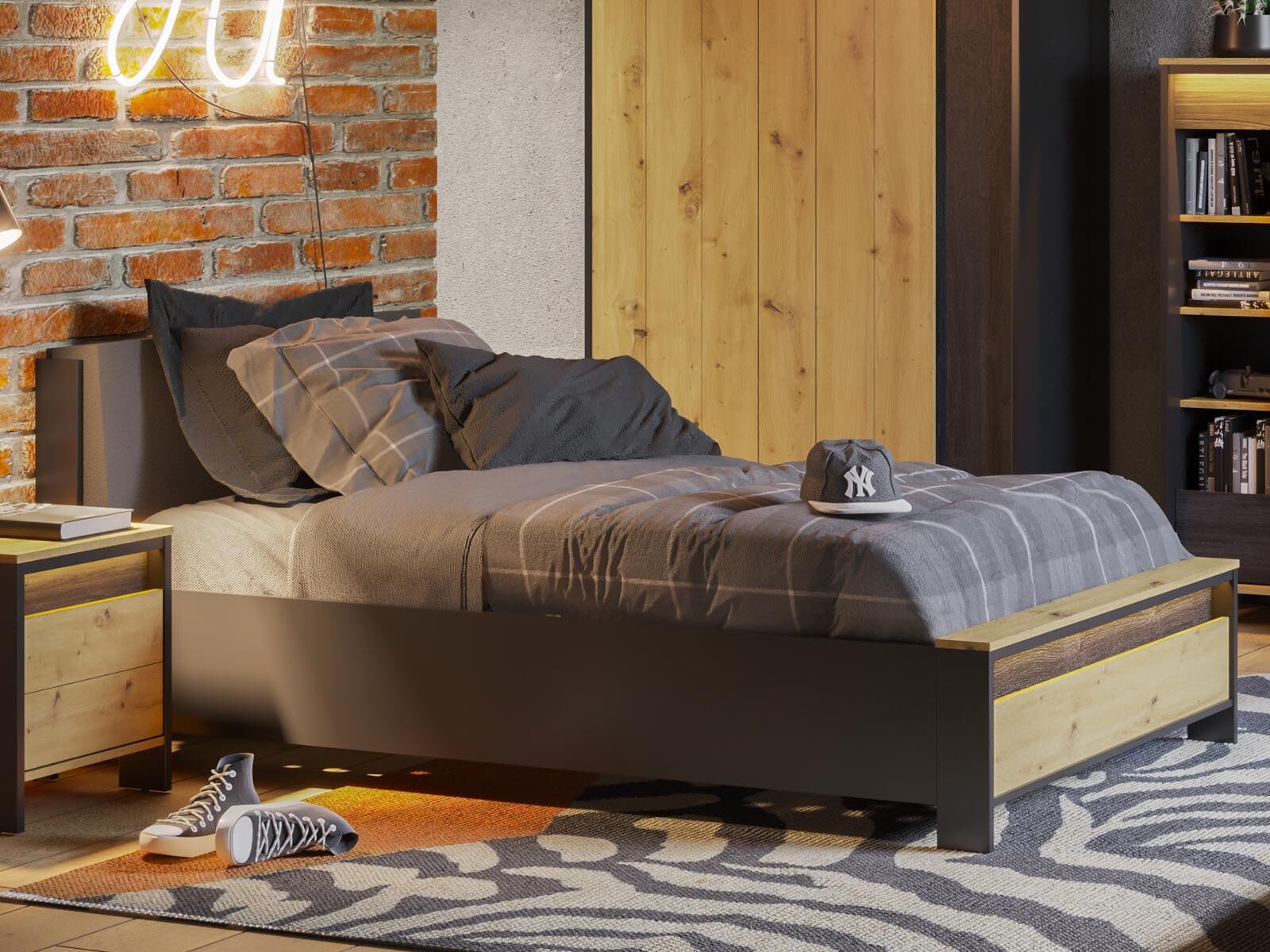 Lit SPLIT 120x200 noir/chêne artisan