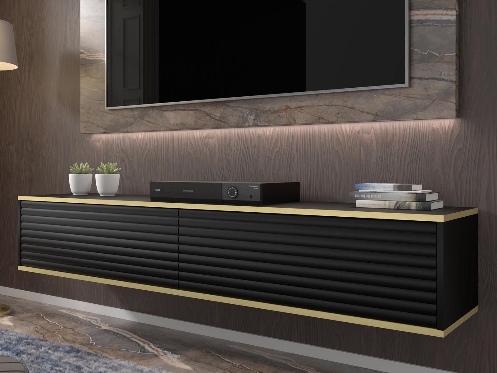 Meuble tv-hifi suspendu SUBO 2 portes noir/or
