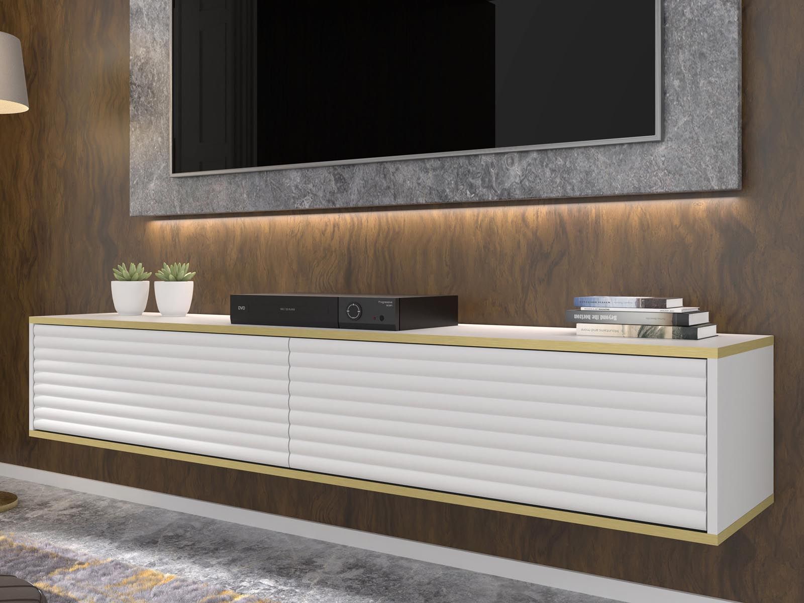 Meuble tv-hifi suspendu SUBO 2 portes blanc/or