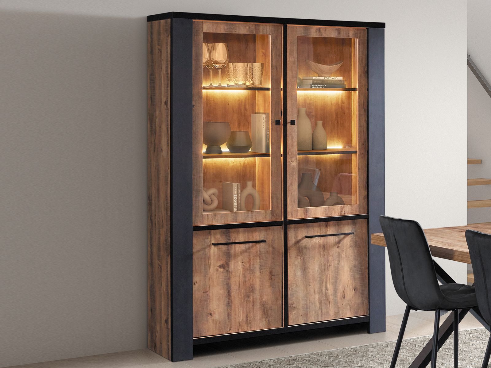 Vitrine SAMARATE 4 portes chêne denver avec led