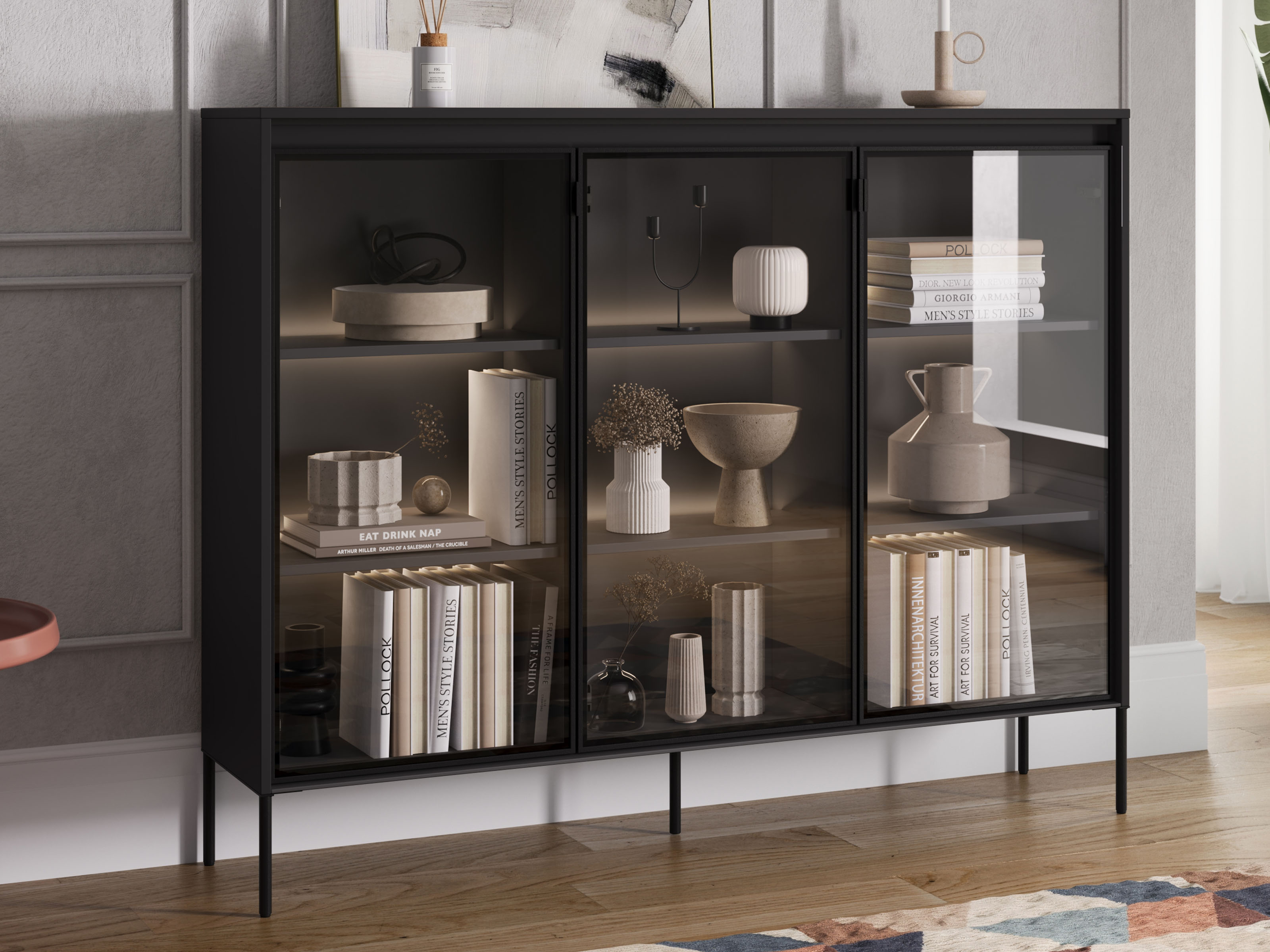 Vitrine TRAINING 3 portes chêne noir avec led