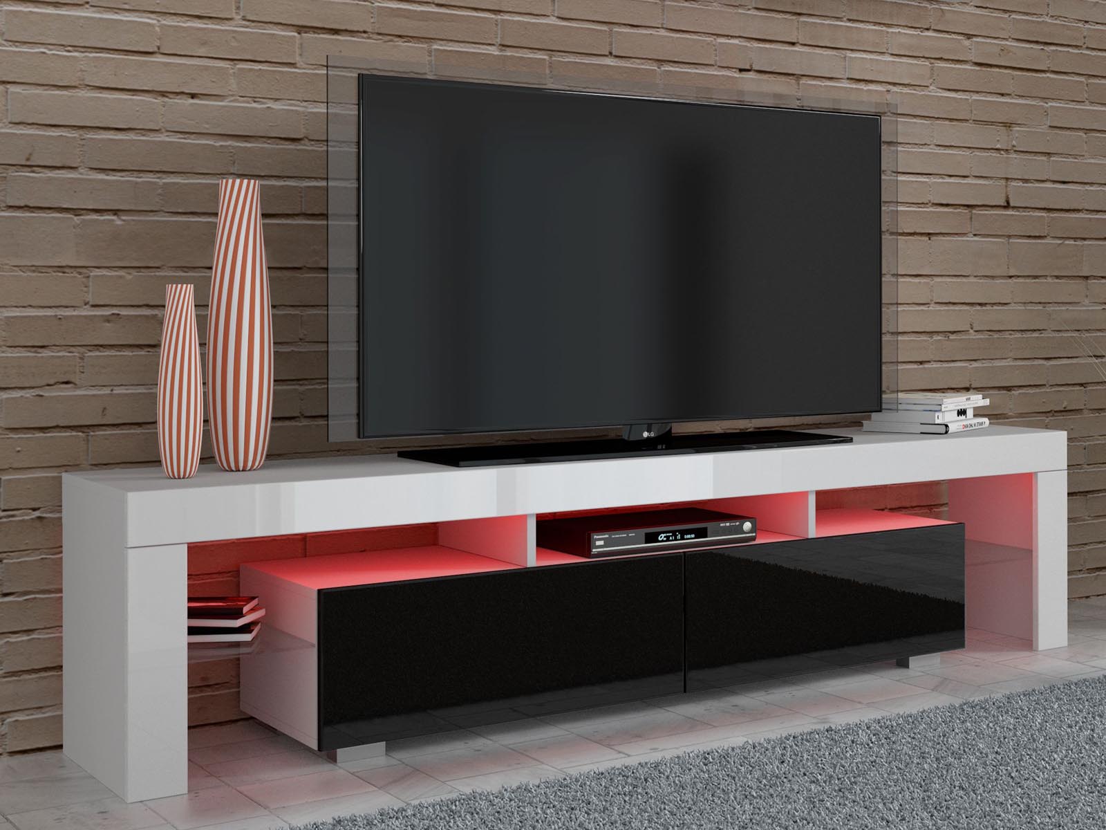 Meuble tv-hifi BULLY 2 portes blanc/noir brillant avec led