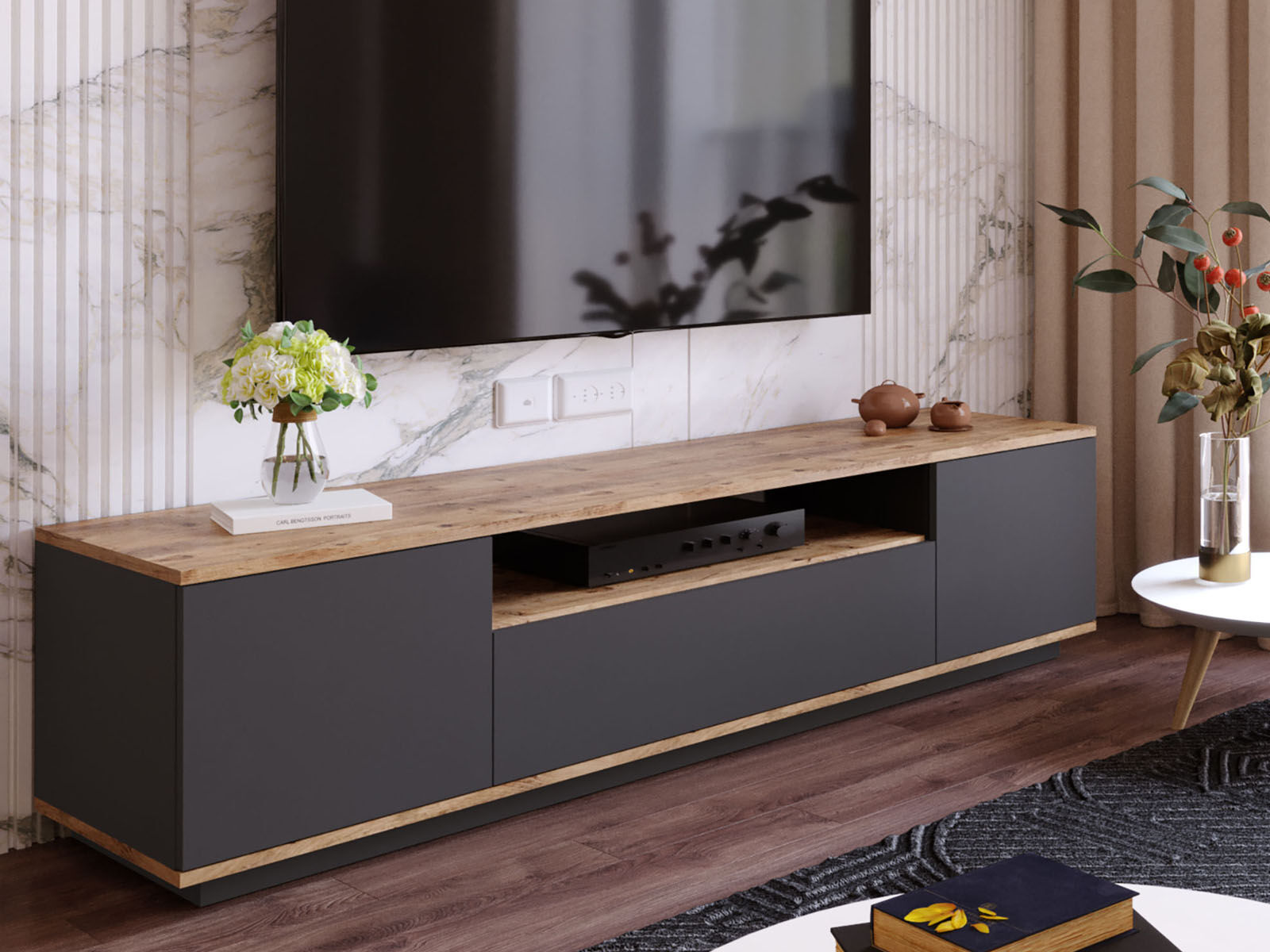 Meuble tv-hifi FRIZA 3 portes battantes pin anthracite