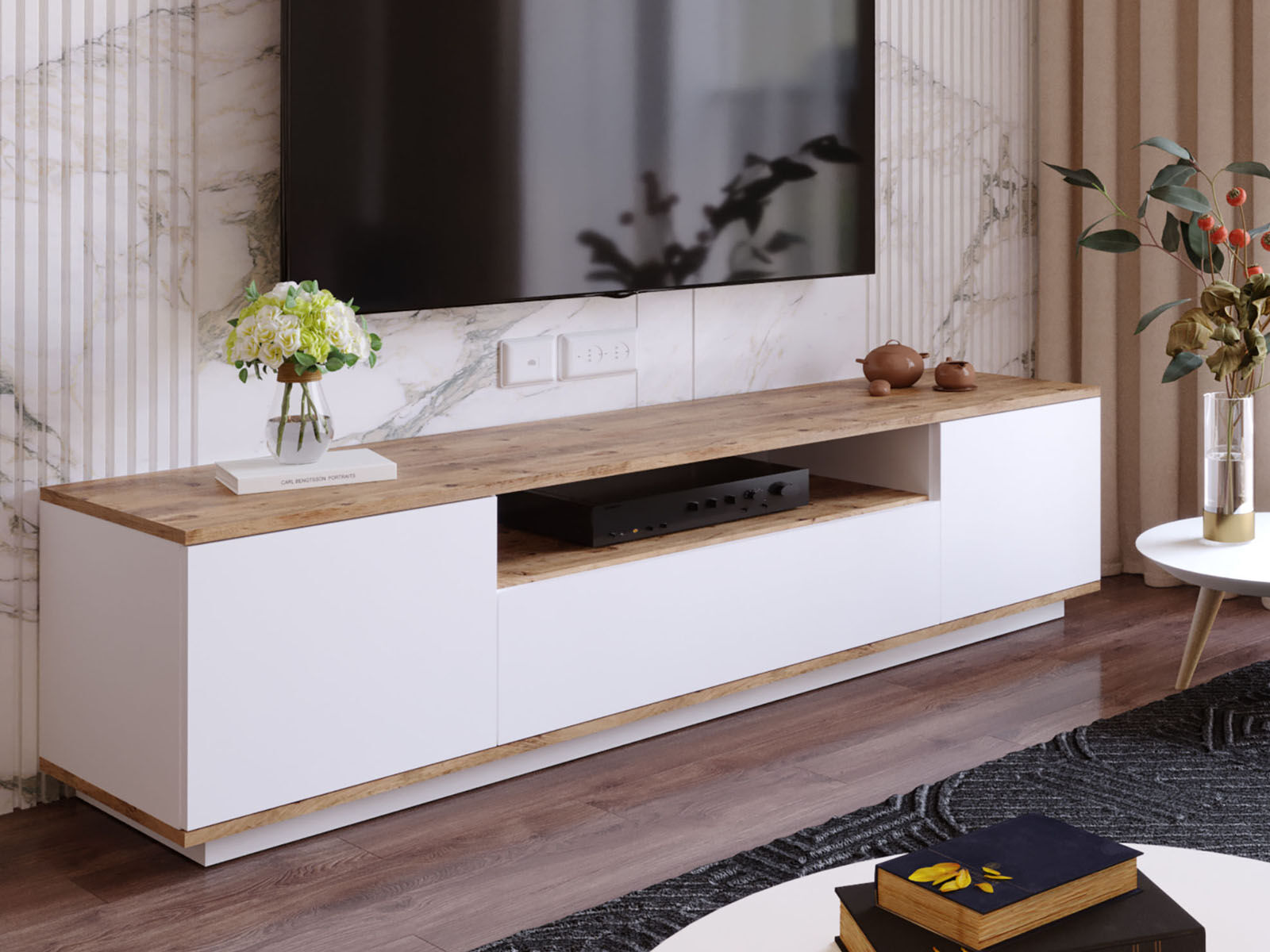 Meuble tv-hifi FRIZA 3 portes battantes pin blanc