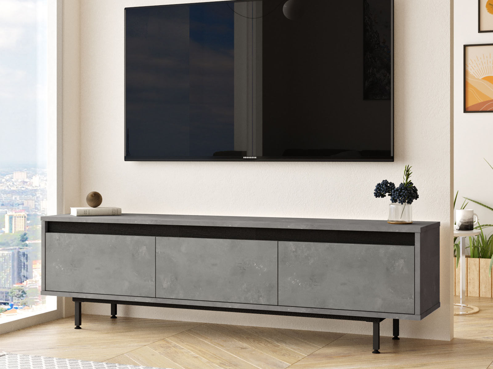 Meuble tv-hifi LAVOMA 3 portes battantes argent noir