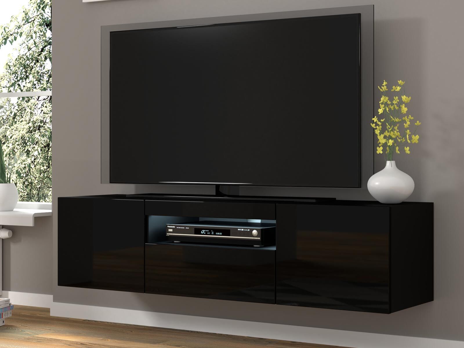Meuble tv-hifi AUREO 3 portes 150 cm noir/noir brillant