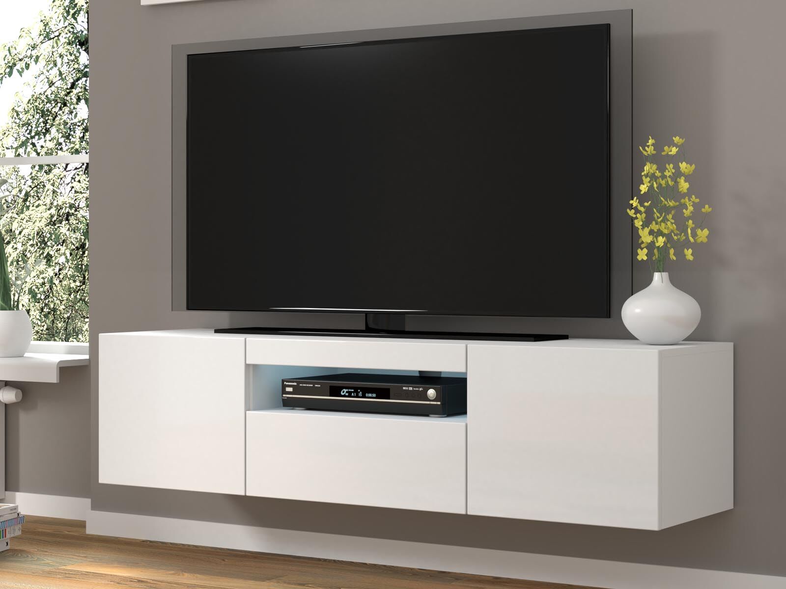 Meuble tv-hifi AUREO 3 portes 150 cm blanc/blanc brillant avec led