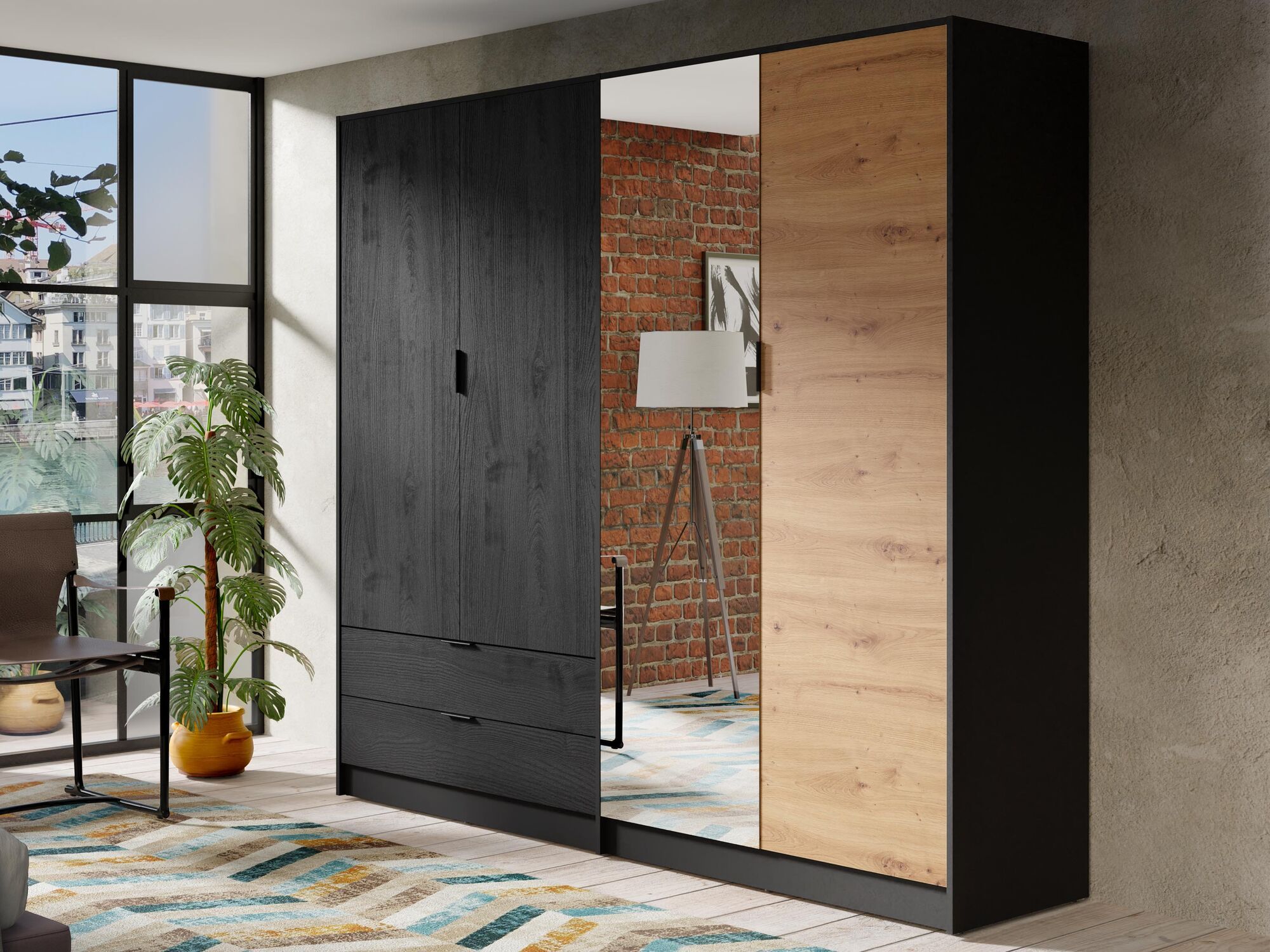 Armoire ULMA 4 portes 2 tiroirs chêne artisan/noir