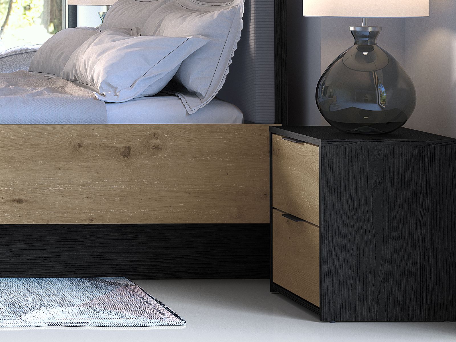 Chevet UMPAL 2 tiroirs graphite/chêne artisan