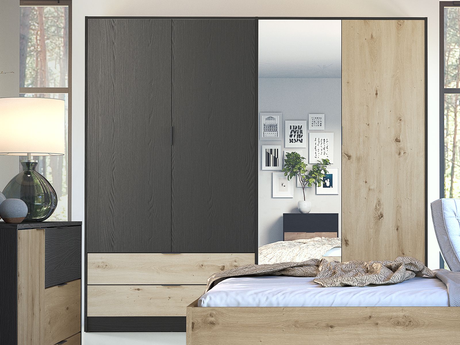 Armoire UMPAL 4 portes 2 tiroirs graphite/chêne artisan