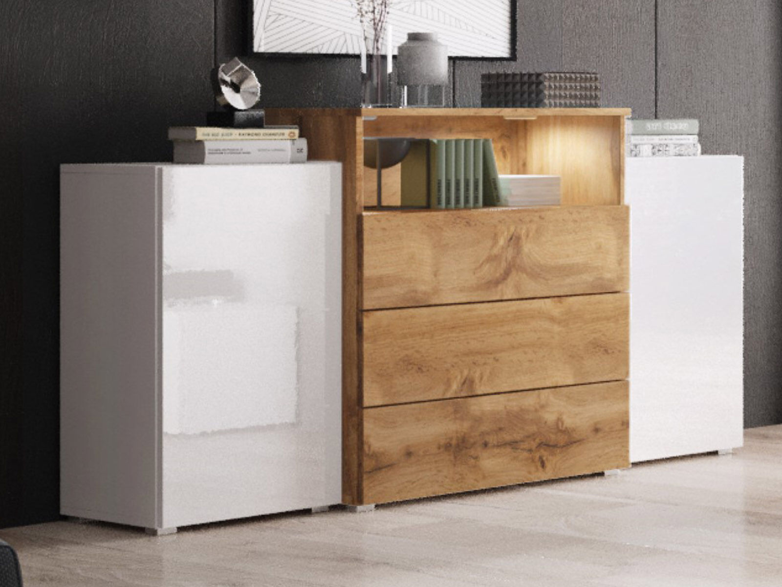 Buffet/bahut URBY 2 portes 3 tiroirs chêne wotan/blanc brillant avec led