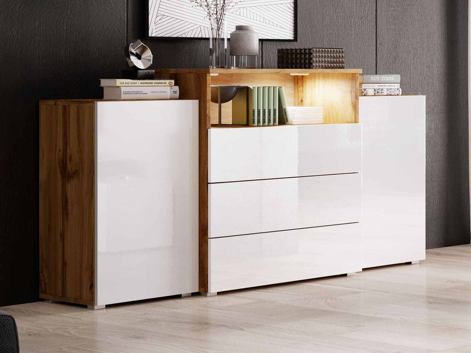 Buffet/bahut URBY 2 portes 3 tiroirs blanc brillant/chêne wotan avec led
