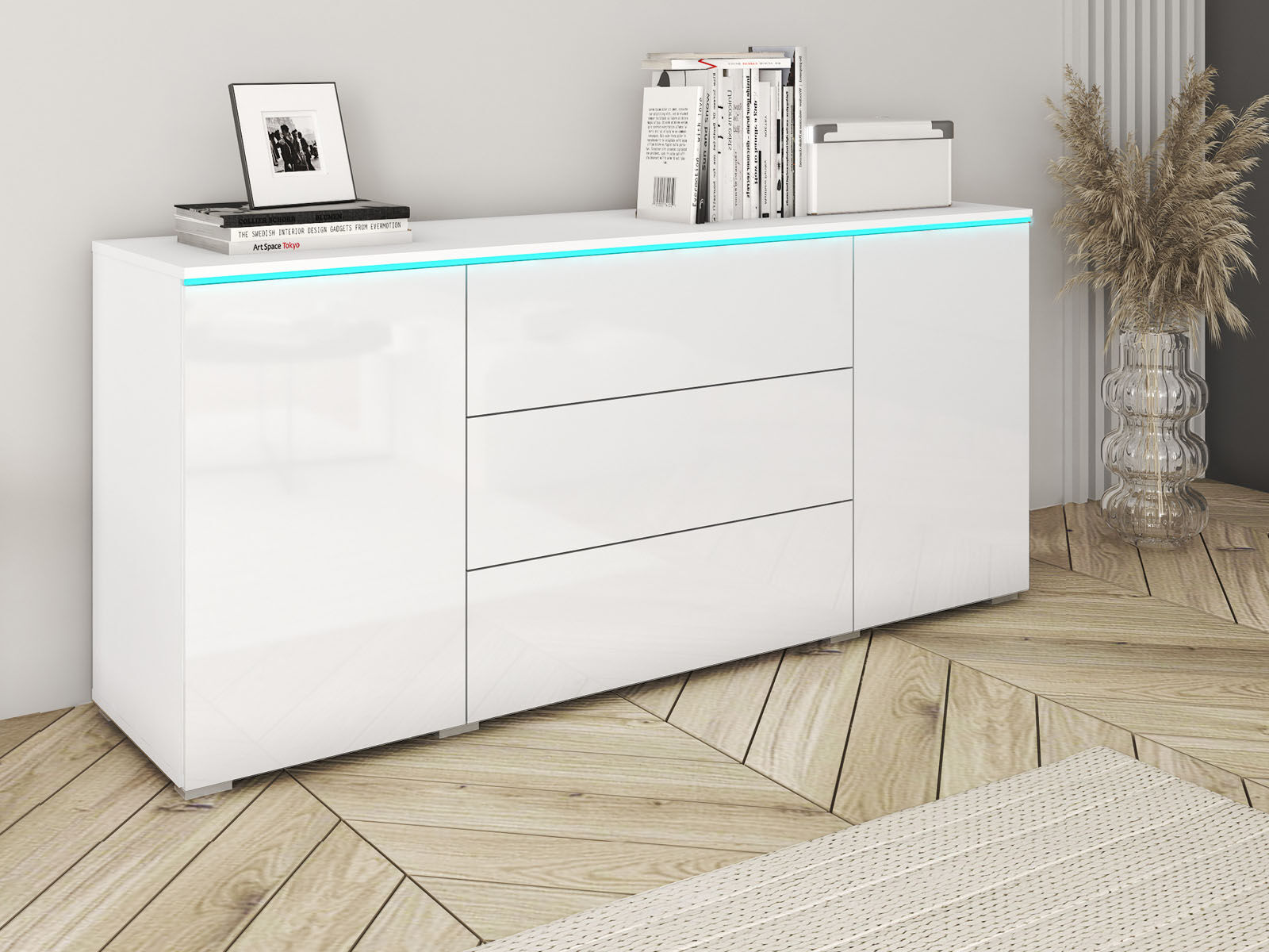 Buffet/bahut VITTORIO 2 portes 3 tiroirs blanc/blanc brillant