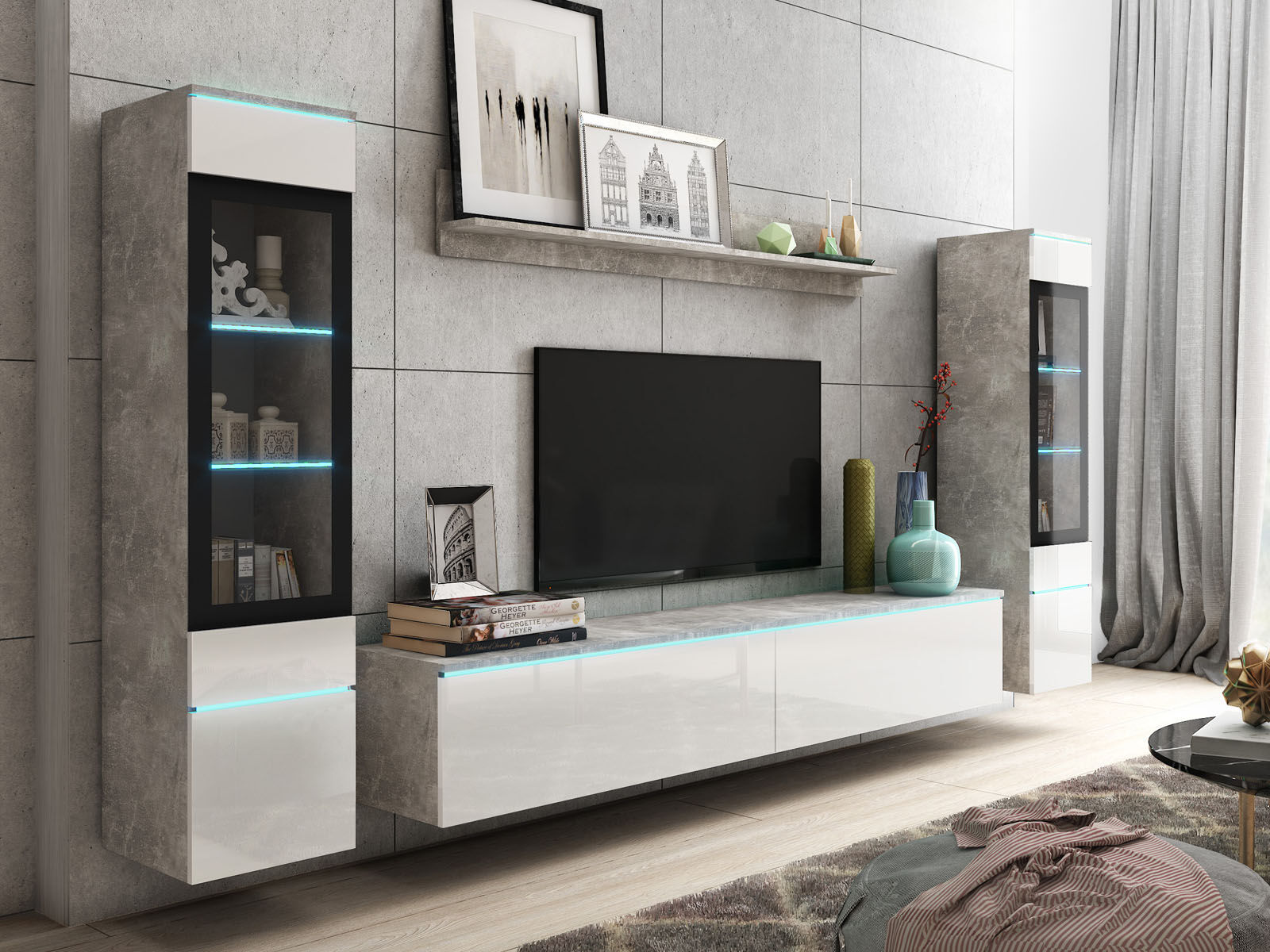 Mur tv-hifi VITTORIO 6 portes béton/blanc brillant