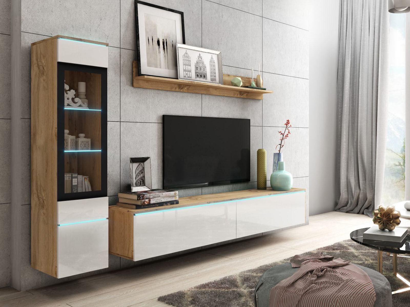 Mur tv-hifi VITTORIO 4 portes chêne wotan/blanc brillant avec led