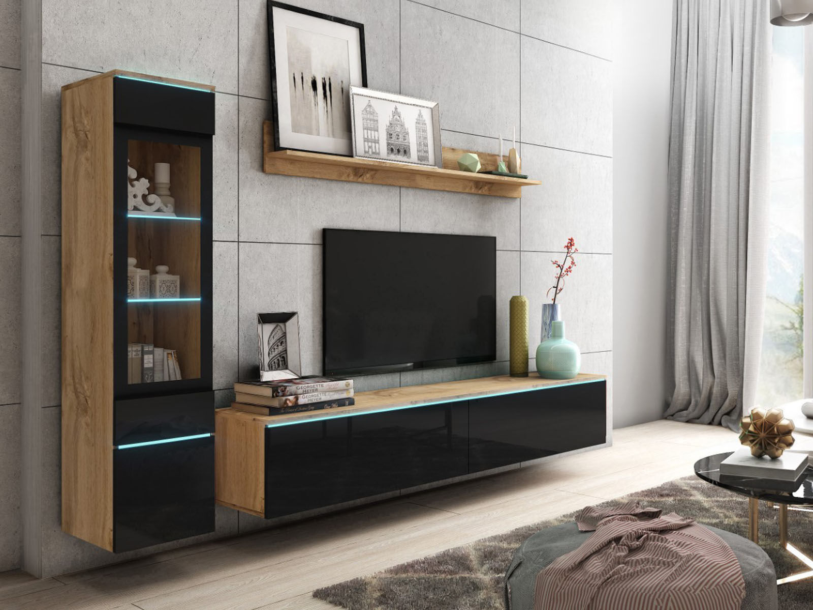 Mur tv-hifi VITTORIO 4 portes chêne wotan/noir brillant avec led