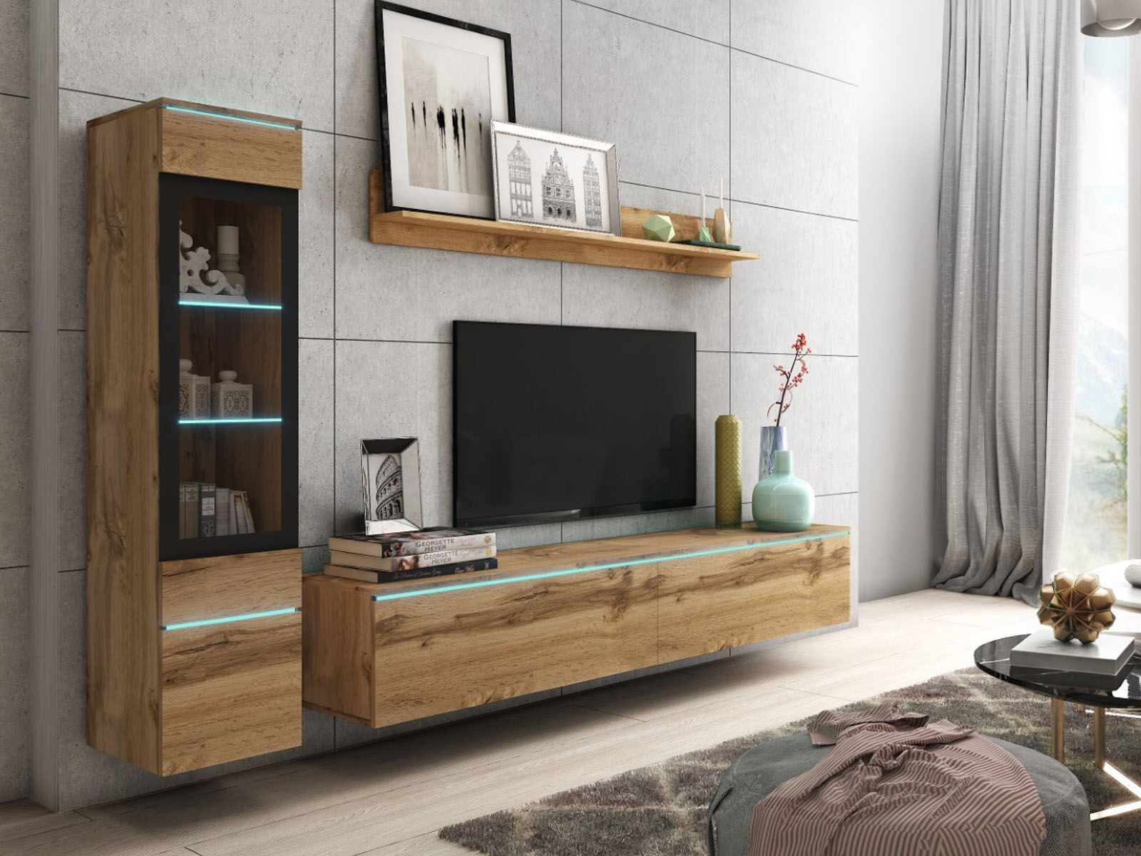 Mur tv-hifi VITTORIO 4 portes chêne wotan avec led