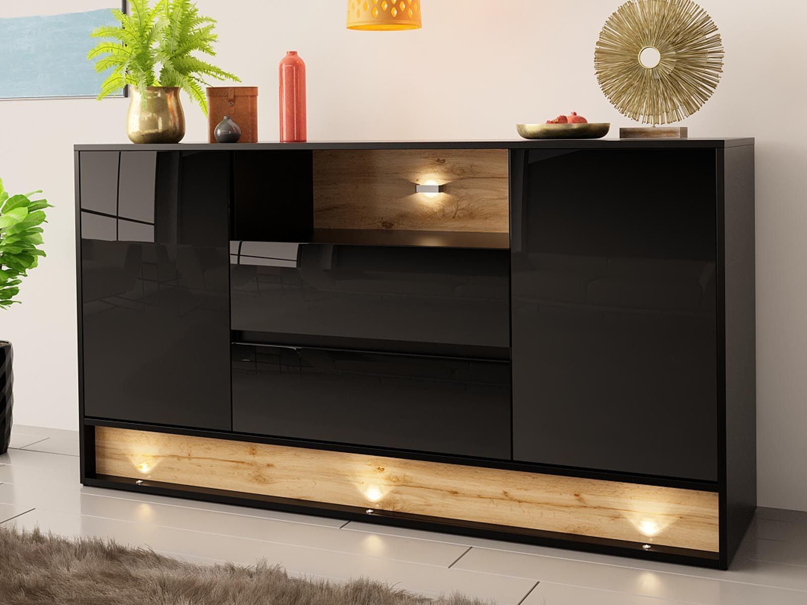 Buffet/bahut VISION 2 portes 2 tiroirs chêne/noir brillant