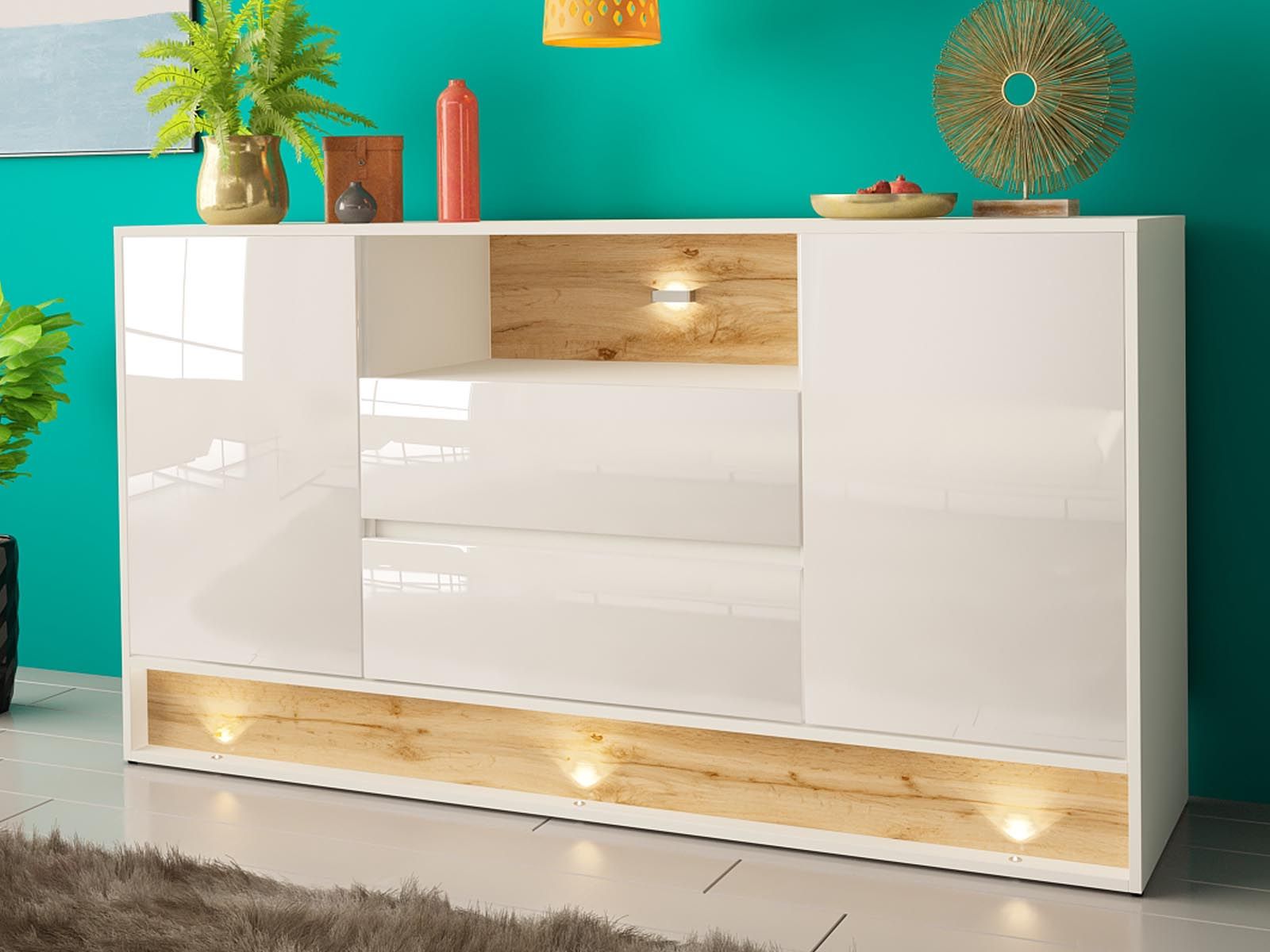 Buffet/bahut VISION 2 portes 2 tiroirs chêne/blanc brillant