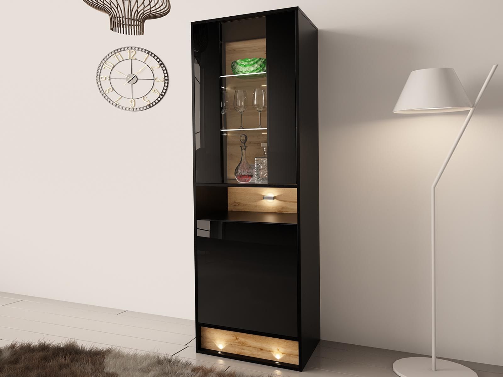 Vitrine VISION 2 portes chêne/noir brillant