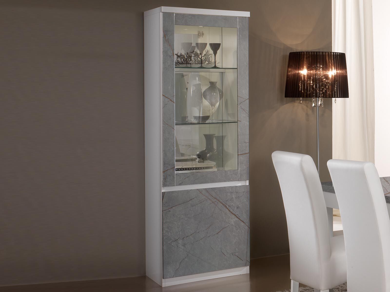 Vitrine ROMEO 2 portes marbre/blanc avec led