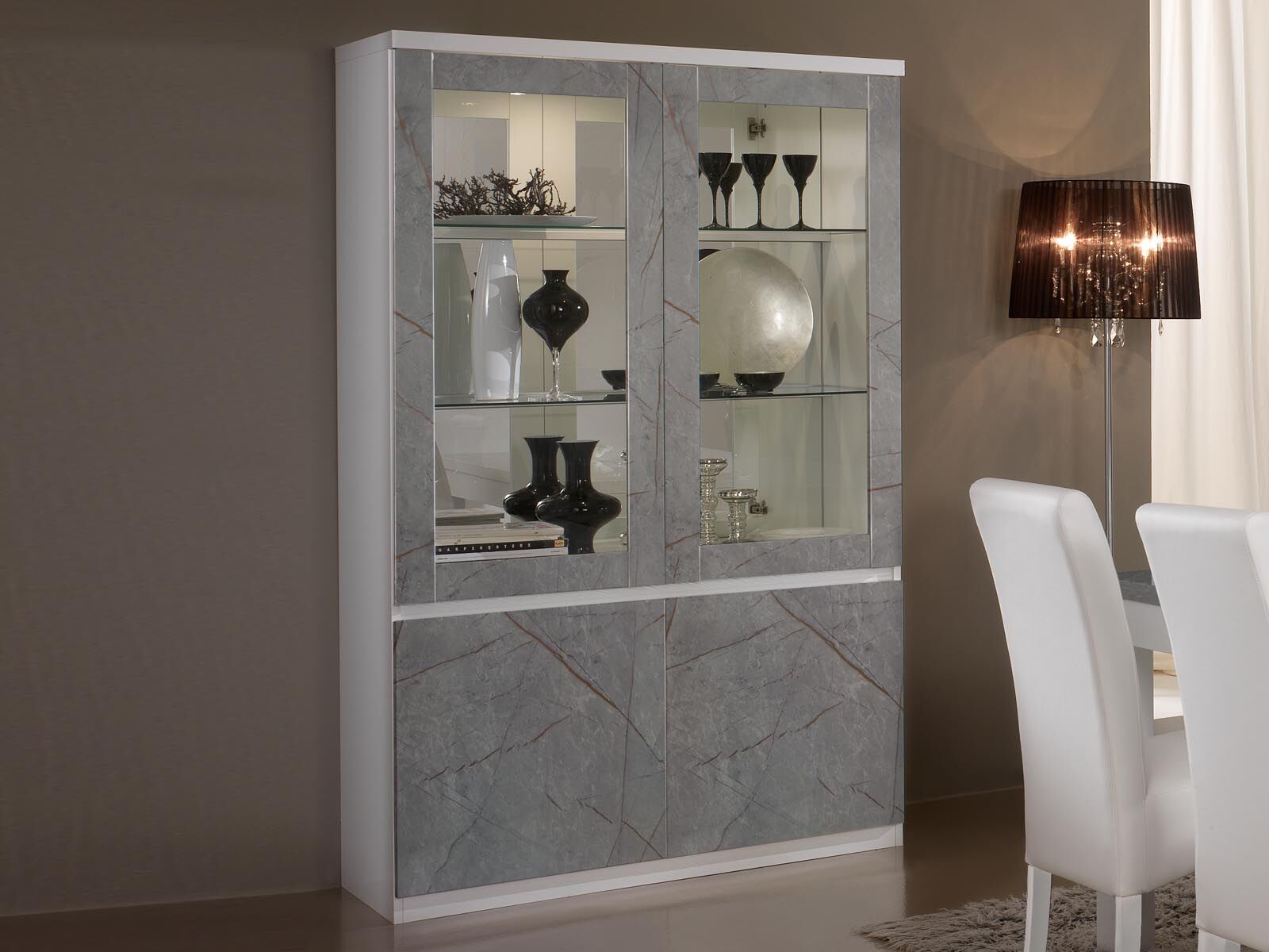 Vitrine ROMEO 4 portes marbre/blanc avec led