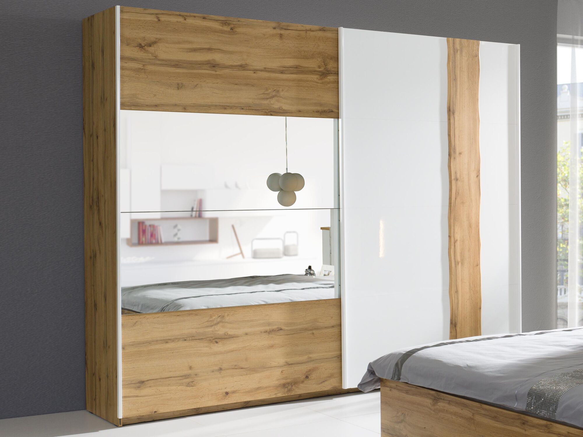 Armoire WOLFPA 2 portes coulissantes 250 cm blanc brillant/chêne wotan