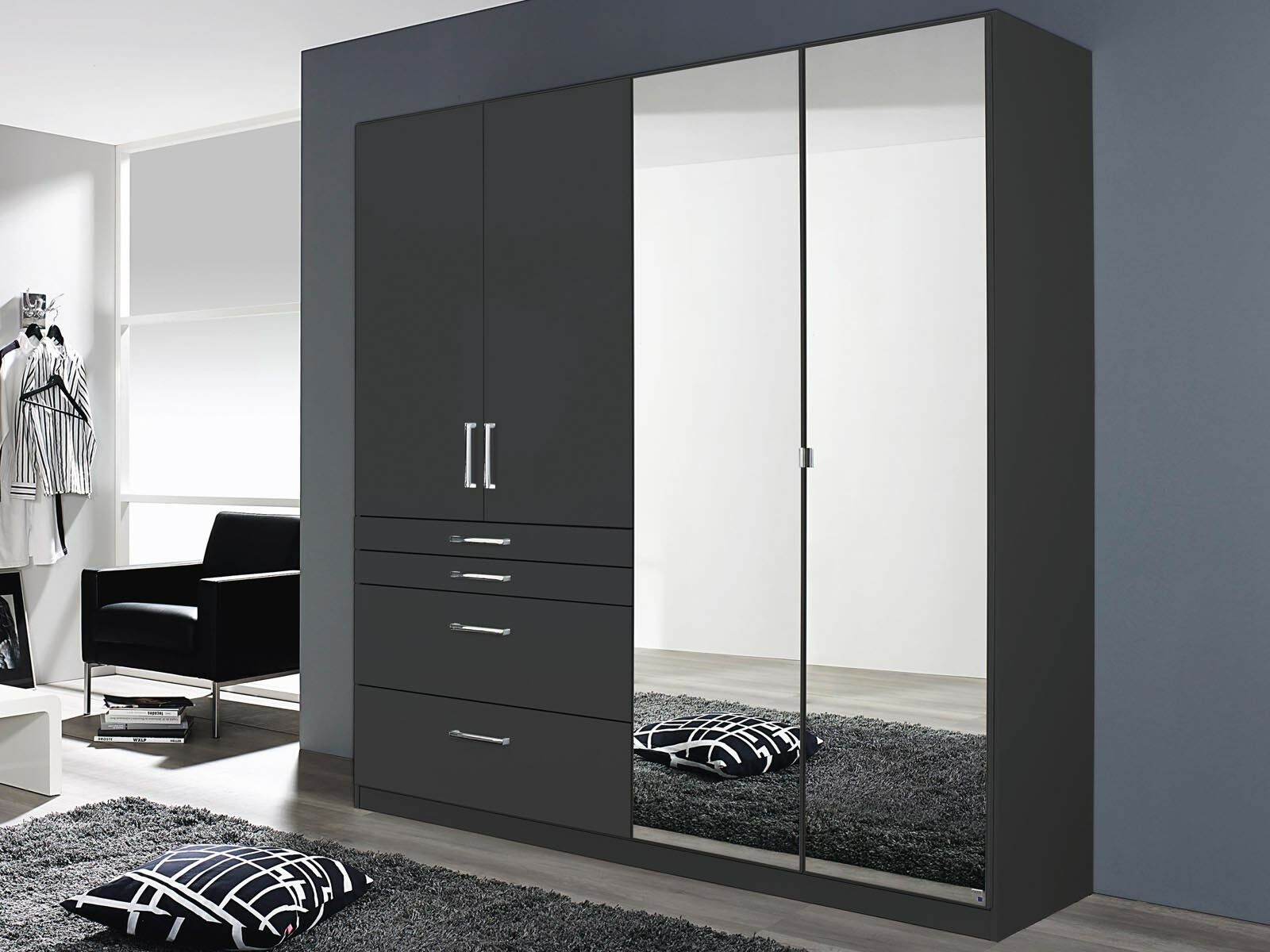 Armoire HARBOR 4 portes 4 tiroirs gris métal avec miroir