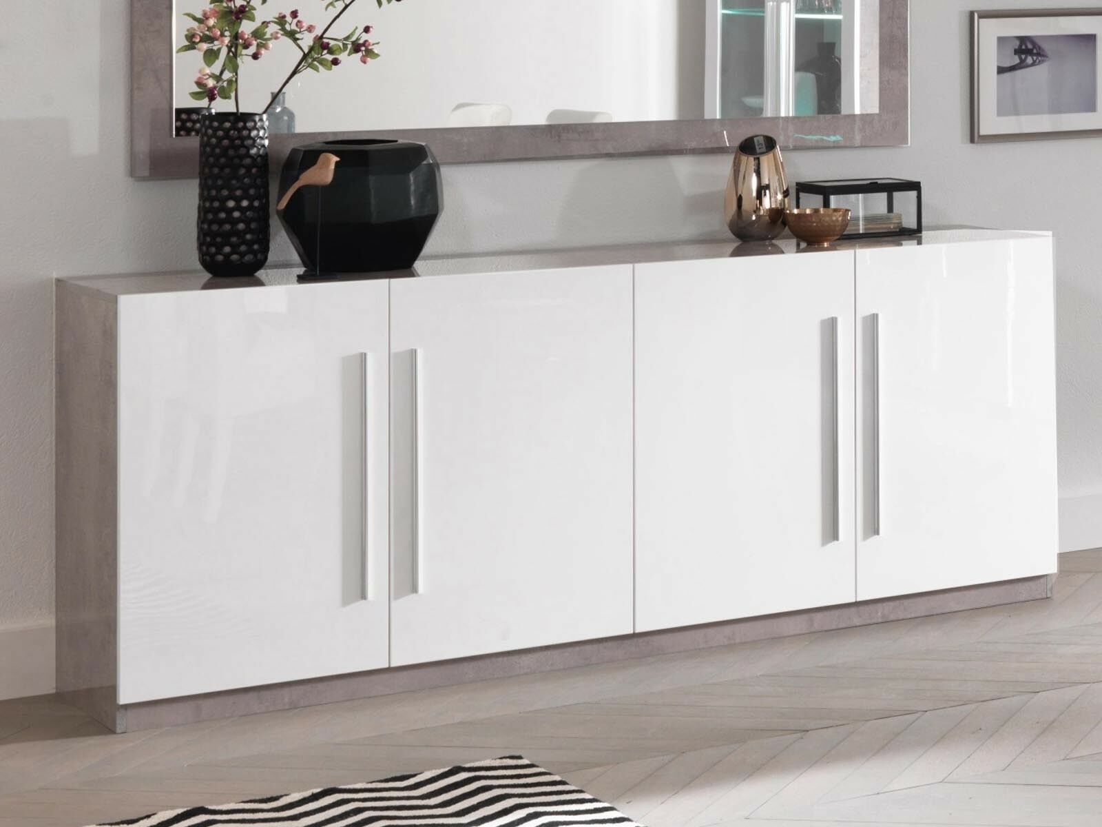 Buffet/bahut GRENADE 4 portes marbre laqué/blanc laqué