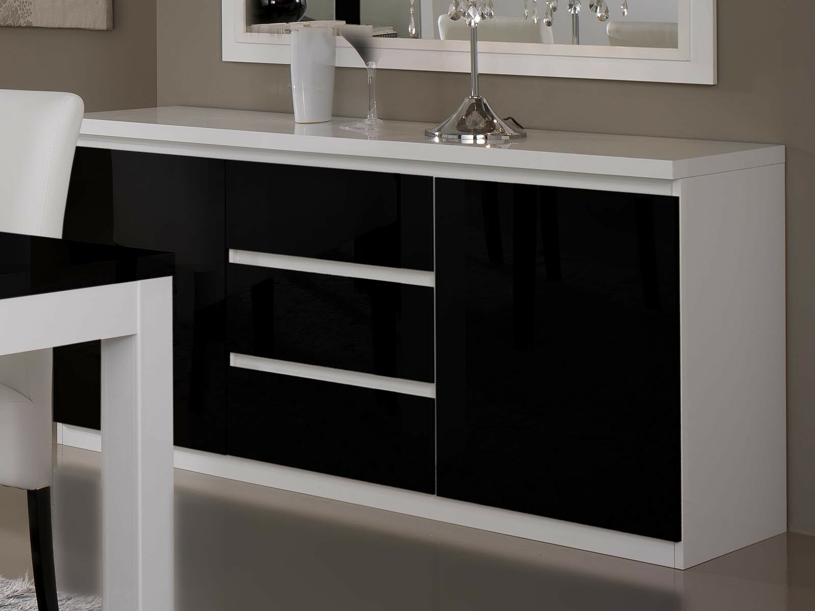 Buffet/bahut ROMEO 2 portes et 3 tiroirs blanc laque/noir laque